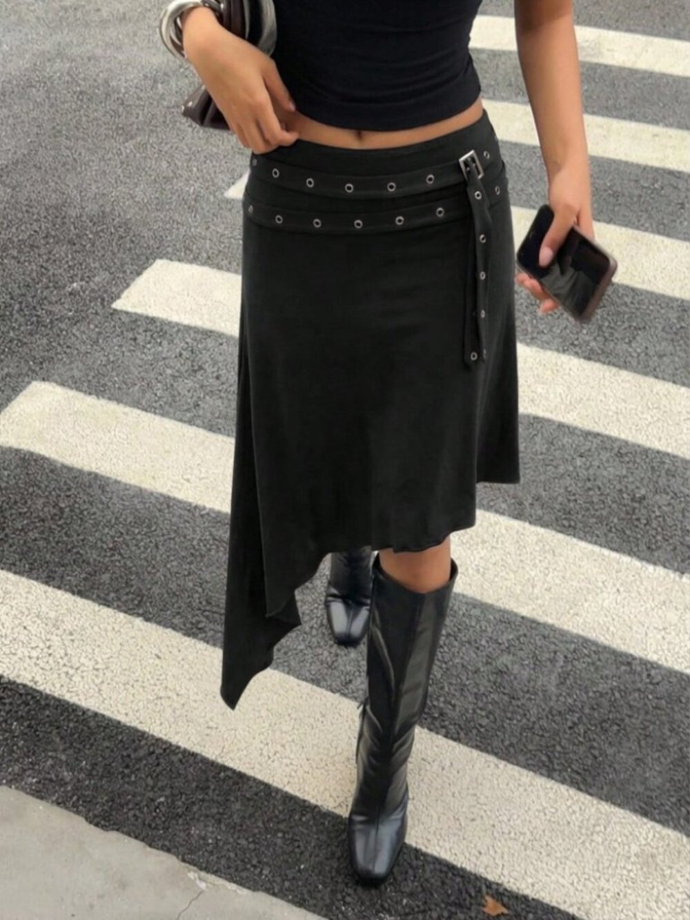 Black Grommet Belt Asymmetric Midi / Mini Skirt - Picture 2 of 8